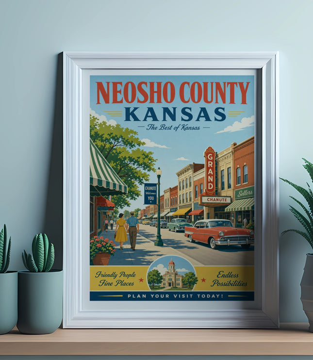 Neosho County, Kansas retro travel poster featuring a vintage car and shops.