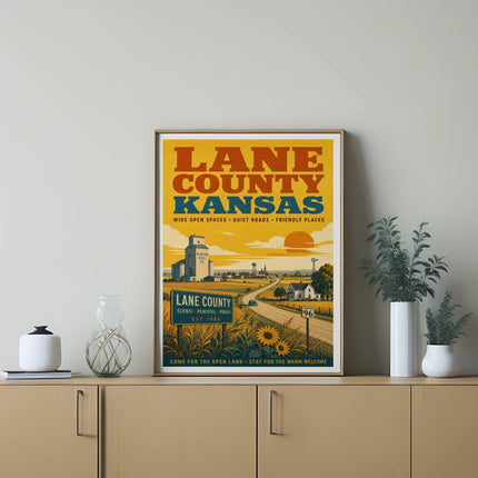Poster for Lane County, Kansas, with text and scenic rural imagery.