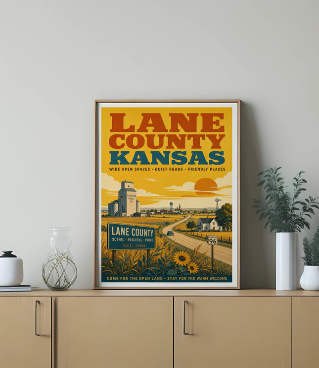 Poster for Lane County, Kansas, with text and scenic rural imagery.