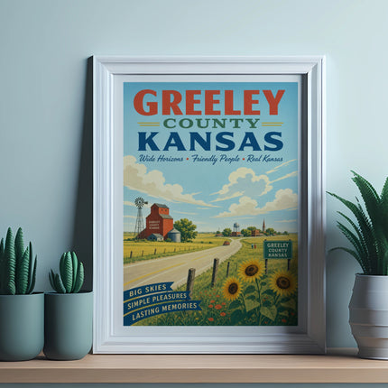 Greeley County Kansas vintage travel poster with farm, sunflowers, and text.