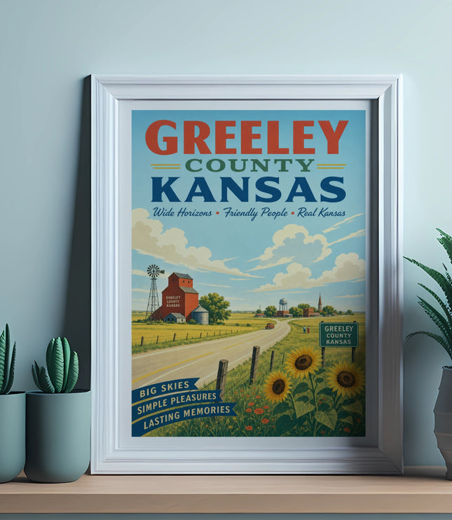Greeley County Kansas vintage travel poster with farm, sunflowers, and text.