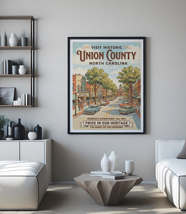 Vintage "Union County, North Carolina" travel poster depicting a street scene.