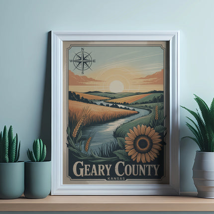 Vintage travel poster of Geary County, Kansas with sunflower and compass.