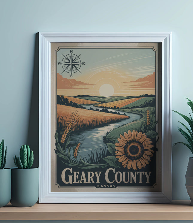 Vintage travel poster of Geary County, Kansas with sunflower and compass.