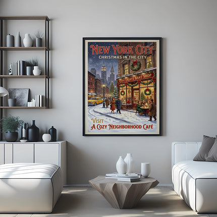 New York City Christmas poster: City Lights Bake Shop, cozy cafe.