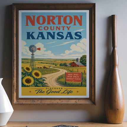 Vintage Norton County Kansas travel poster with sunflowers and windmill.