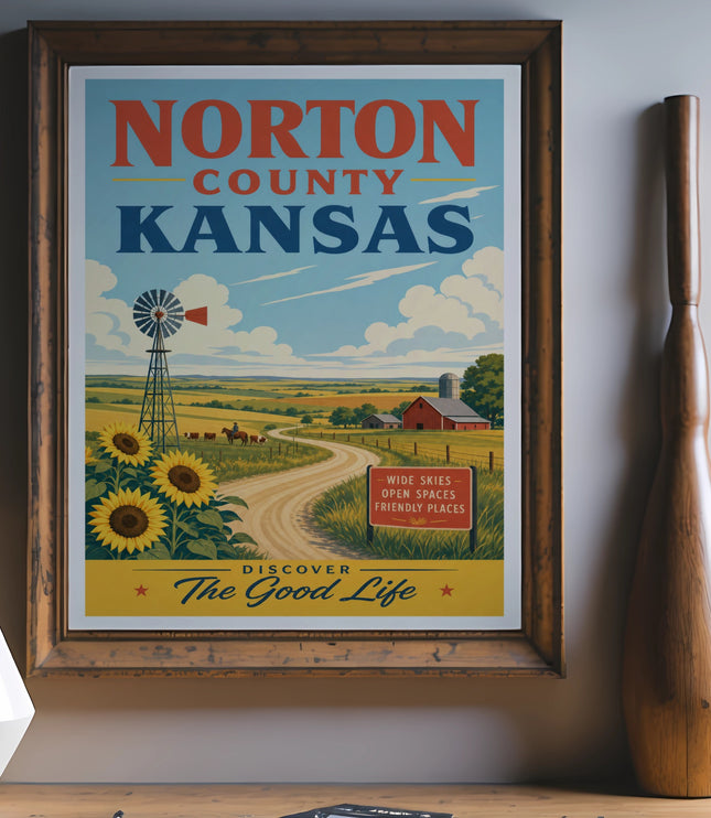 Vintage Norton County Kansas travel poster with sunflowers and windmill.