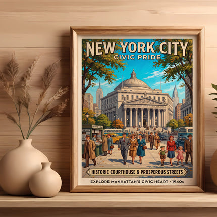 New York City Civic Pride poster depicting historic courthouse and streets from the 1940s.