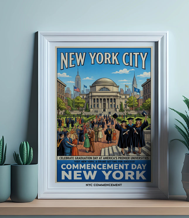 New York City Commencement Day poster featuring graduates and city landmarks.