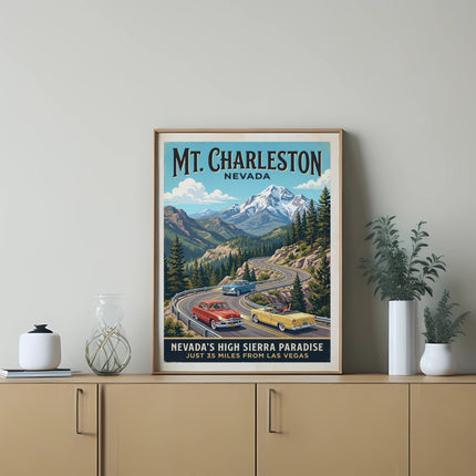 Vintage travel poster for Mt. Charleston, Nevada, featuring cars on a scenic mountain road.