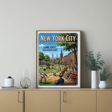 New York City poster showing families enjoying baseball in neighborhood parks.