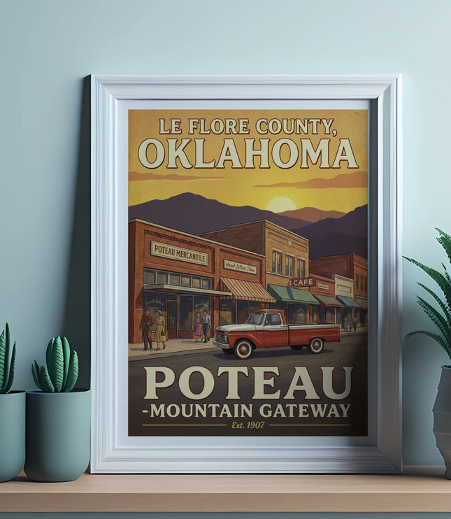 Le Flore County, Oklahoma vintage poster showing Poteau Main Street with a red truck.