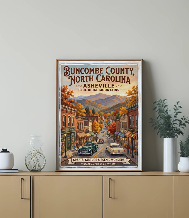 Buncombe County, North Carolina Asheville Blue Ridge Mountains vintage Americana poster.
