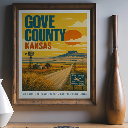 Gove County, Kansas vintage travel poster with "Big Skies, Friendly People, Endless Possibilities."