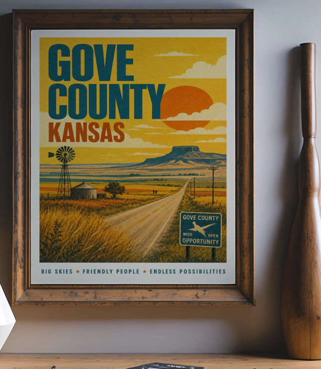 Gove County, Kansas vintage travel poster with "Big Skies, Friendly People, Endless Possibilities."