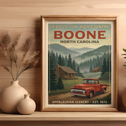 Boone North Carolina Appalachian scenery poster with vintage red truck and mountains.