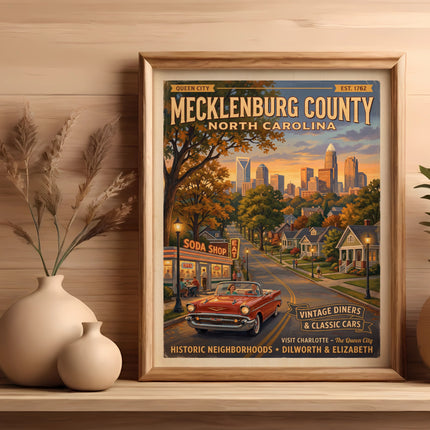 Mecklenburg County North Carolina poster with vintage car and cityscape.