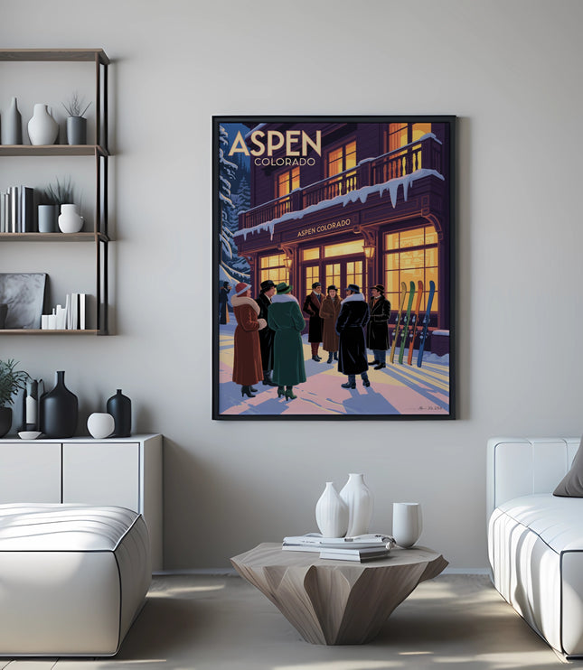 Aspen Colorado vintage travel poster with people in winter attire outside a building.