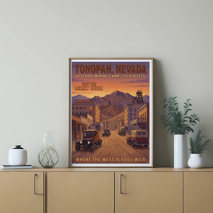 Tonopah, Nevada historic mining camp vintage poster featuring street scene and text.