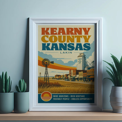 Kearny County Kansas Lakin poster with vintage buildings and text.