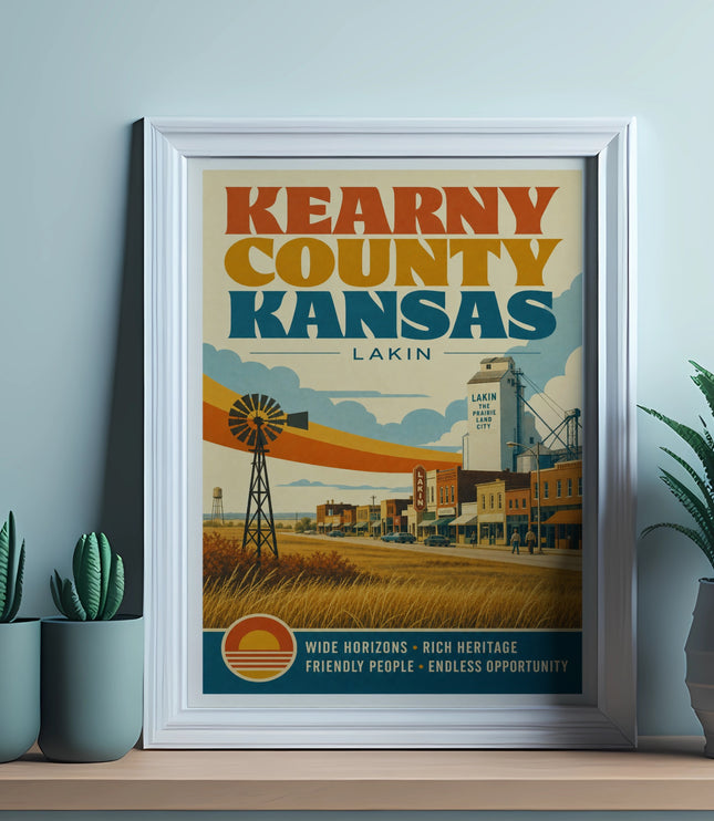 Kearny County Kansas Lakin poster with vintage buildings and text.