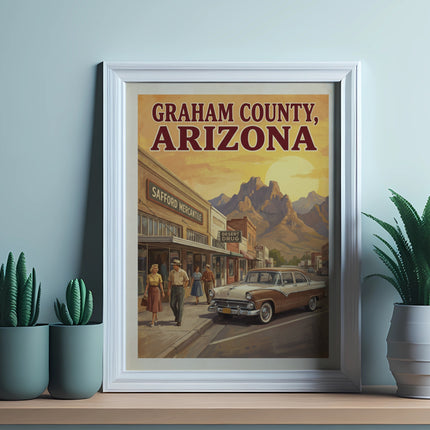 Vintage poster for Graham County, Arizona, with a street scene and mountains.