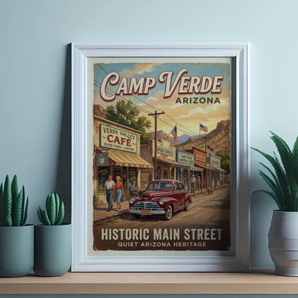 Camp Verde Arizona historic main street vintage travel poster with cafe and saloon.
