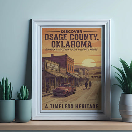 Discover Osage County, Oklahoma Pawhuska artwork with vintage truck and buffalo.
