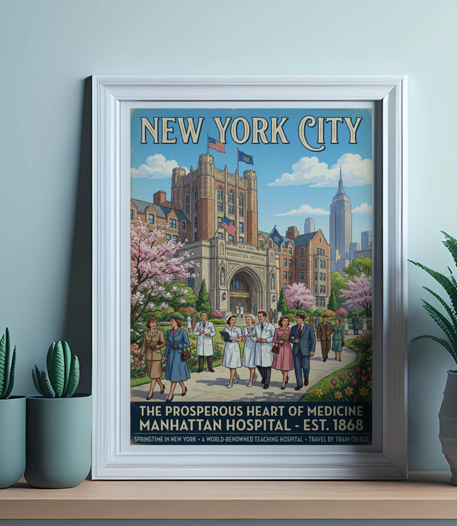 New York City Manhattan Hospital vintage poster with people in formal attire and nurses.
