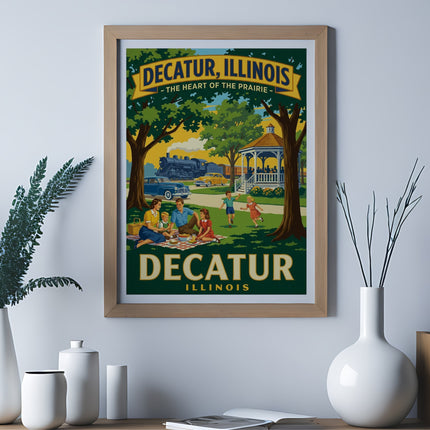 Vintage travel poster for Decatur, Illinois featuring a picnic, train, and town square.