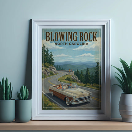 Vintage travel poster of Blowing Rock, North Carolina with a convertible driving mountain road.