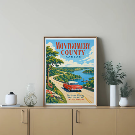 Retro travel poster of a red car driving on a scenic road in Montgomery County, Kansas.
