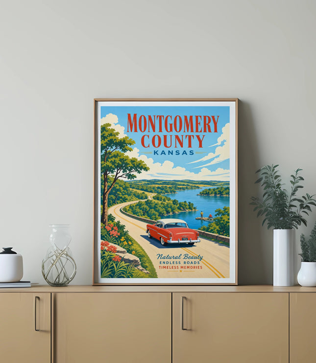 Retro travel poster of a red car driving on a scenic road in Montgomery County, Kansas.