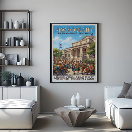 New York Public Library Plaza poster with title and descriptive text.