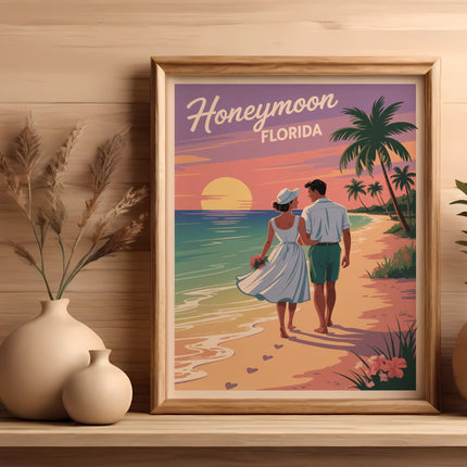 Couple walking on beach with "Honeymoon Florida" sign.