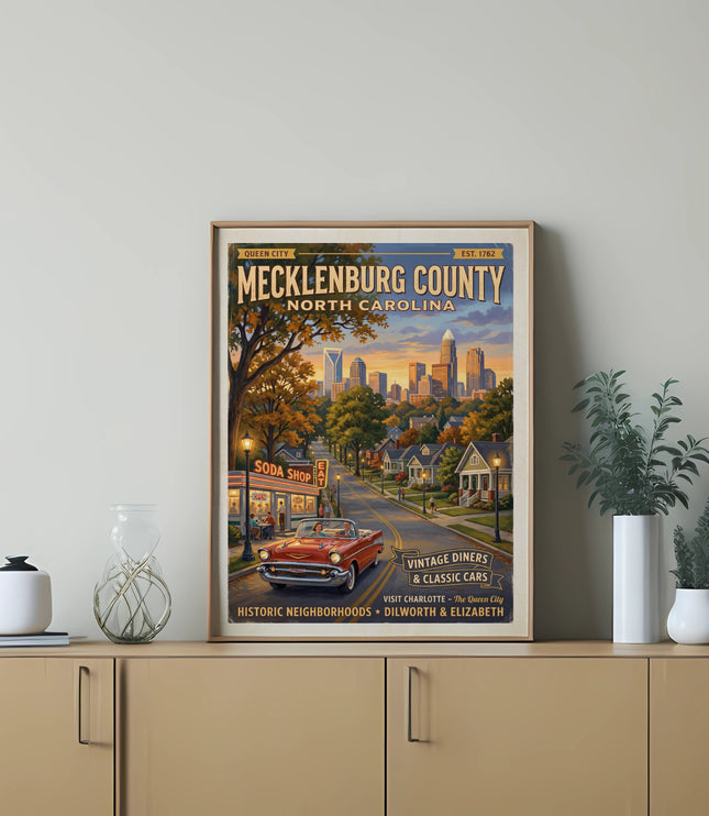 Poster of Mecklenburg County, NC, with vintage car, soda shop, and cityscape.
