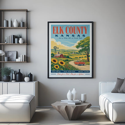 Elk County, Kansas travel poster with vintage car, sunflowers, and rolling hills.