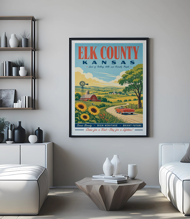 Elk County, Kansas travel poster with vintage car, sunflowers, and rolling hills.