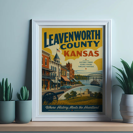 Leavenworth County Kansas vintage poster with historic buildings, river, and bridge.