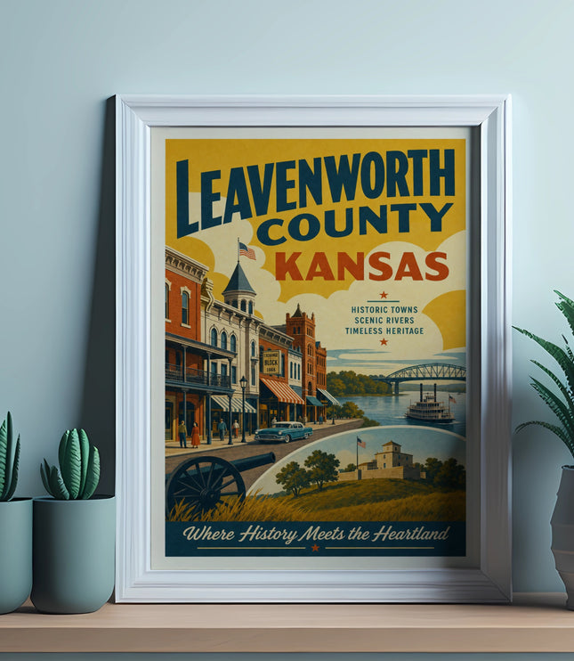 Leavenworth County Kansas vintage poster with historic buildings, river, and bridge.