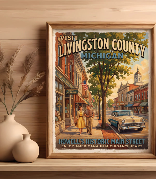 Vintage travel poster of Howell's Historic Main Street in Livingston County, Michigan.