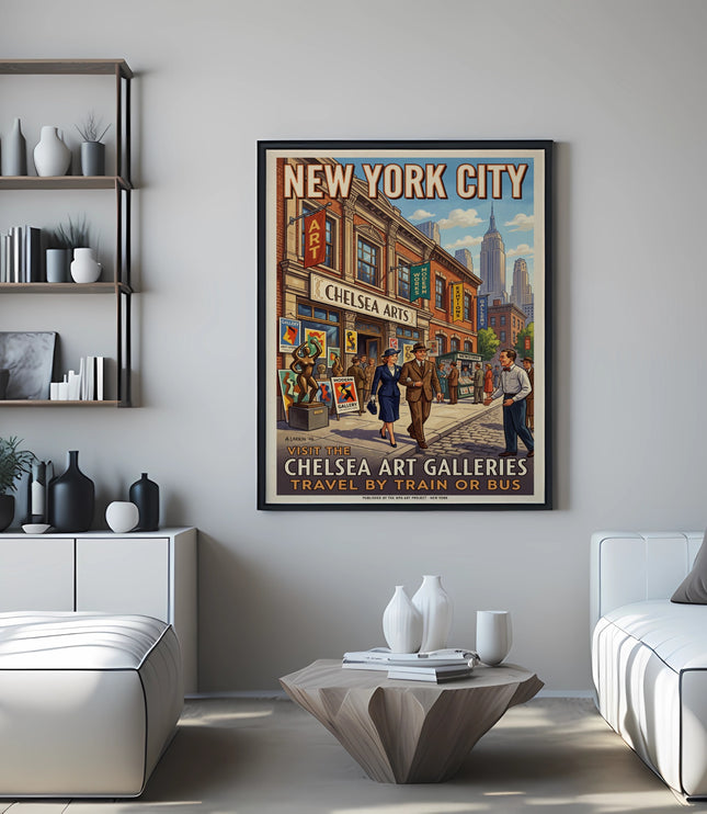 Vintage "New York City Visit the Chelsea Art Galleries" poster featuring a street scene.