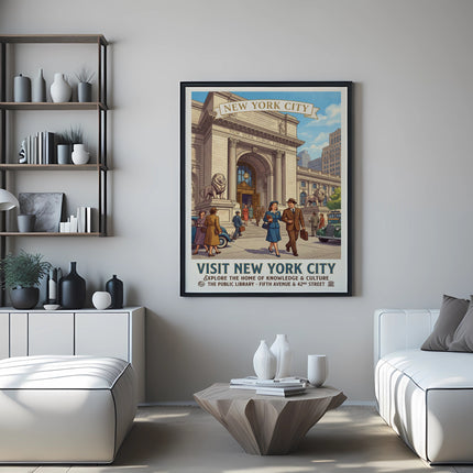 New York City poster depicting the Public Library on Fifth Avenue.