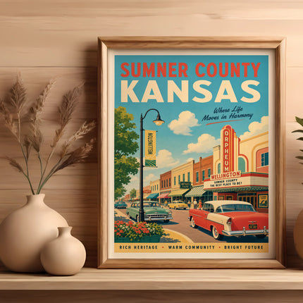 Sumner County Kansas vintage travel poster with text.