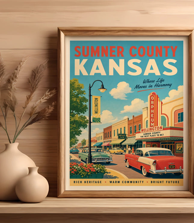 Sumner County Kansas vintage travel poster with text.