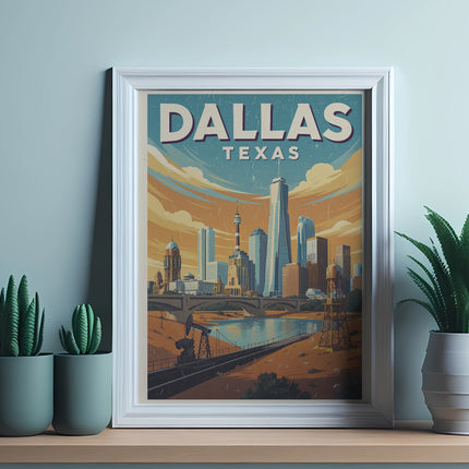 Framed print of Dallas, Texas skyline with skyscrapers and bridge.
