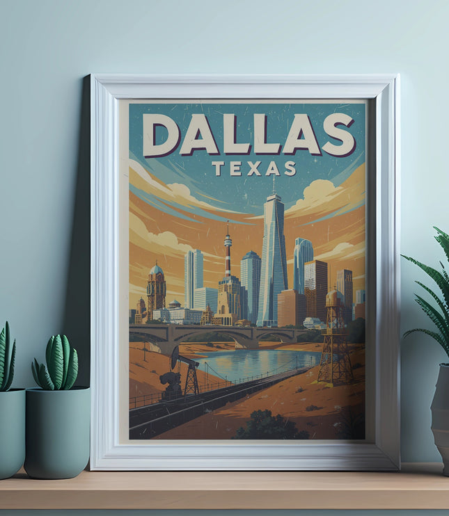 Framed print of Dallas, Texas skyline with skyscrapers and bridge.