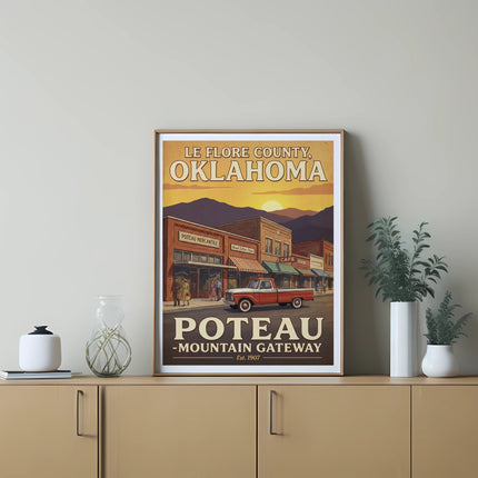 Poster depicts Le Flore County, Oklahoma with Poteau Mercantile and a red truck.