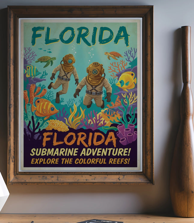 Vintage Florida poster shows divers exploring a colorful coral reef with fish and turtles.