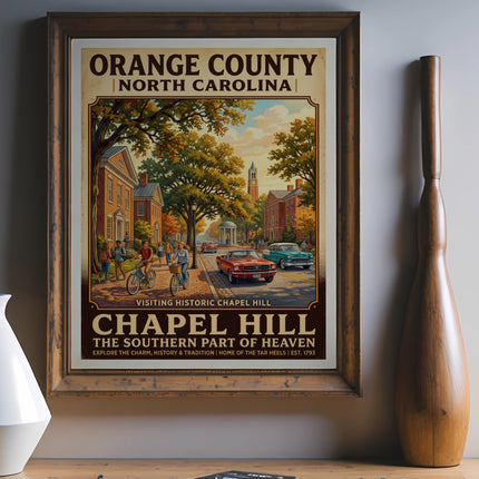 Orange County North Carolina Chapel Hill vintage travel poster with people biking and vintage cars.